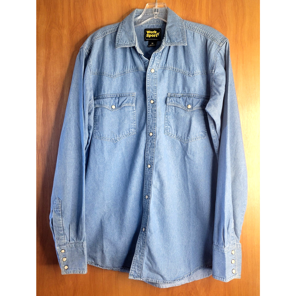 VTG Work’n Sport Men’s M Denim Shirt Blue Western Workwear Snap Front Pockets